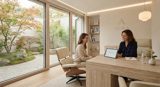 Discreet consultation suite in Swiss clinic with minimalist travertine desk, floor to ceiling windows overlooking serene private courtyard with Japanese maples, luxurious cream leather seating, architectural lighting