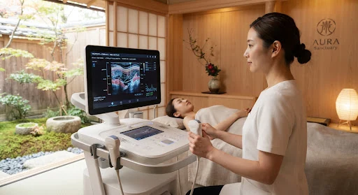 High precision ultrasound aesthetic technology screen visualization inside a serene Kyoto architectural clinic suite with natural cedar accents and soft light