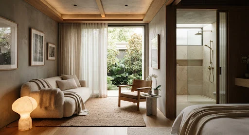 Ultra-exclusive private sanctuary recovery suite with plush neutral mohair sofa, private en-suite limestone shower, warm floor lamps, absolute privacy, polished concrete and warm timber finishes, elegant and soothing atmosphere