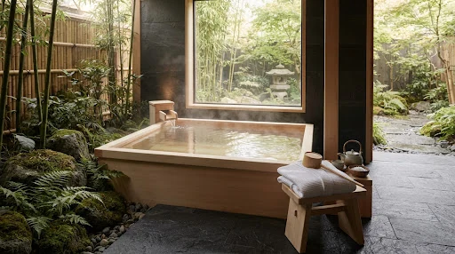 Traditional Japanese hinoki cedar soaking tub steaming softly surrounded by dark slate stone and bamboo garden in a luxury spa sanctuary