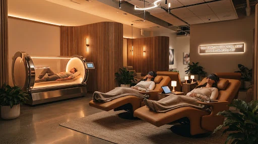 Futuristic yet warm architectural longevity lounge with modern hyperbaric glass chamber, zero gravity leather recliners, soft low-lux amber glow lighting, rich oak wood slat dividers, serene atmosphere