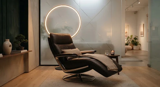 Minimalist private lounge with zero-gravity ergonomic leather recliner under a soft circular amber circadian halo light, dark green cypress pine velvet accents, frosted glass partition, tranquil spa sanctuary mood