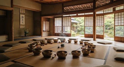 Interior of an authentic Japanese wooden meditation hall with natural tatami mats, antique brass singing bowls arranged in a circle, soft indirect light through washi paper screens, warm minimalist wood interior, peaceful meditative aura