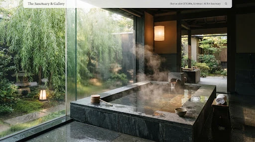 Japanese onsen hot spring bath sunken into dark grey slate stone with natural warm water steam rising, weeping bamboo visible through floor-to-ceiling glass wall, minimalist lantern lighting, tranquil luxury wellness retreat setting