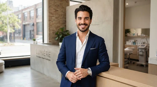 Editorial portrait of a handsome male French-American skin specialist in his early 30s with crisp tailored collar, warm engaging smile, radiant healthy complexion, minimal modern architectural interior in SoHo Manhattan, morning daylight, high-fashion grooming portrait.