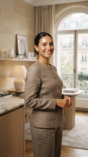 Editorial portrait of an elegant French woman esthetician with sleek pulled back hair, warm olive undertones, luminous dewy skin, wearing an organic taupe linen studio uniform, standing inside a warm limestone and marble Parisian consultation room, gentle natural diffused light, French Marie Claire editorial styling.