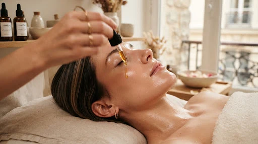Close-up aesthetic shot of warm botanical facial oil being dripped over serene model skin with dewy porcelain finish during a luxury Parisian facial ritual in an organic minimalist atelier