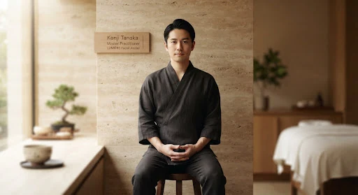 Editorial portrait of a Japanese master Kobido facialist in his late 30s, mindful centered expression, immaculate posture, wearing a dark minimal kimono-inspired practitioner tunic, warm travertine stone background, peaceful zen atelier ambiance, clean soft directional lighting, Vogue Living aesthetic.