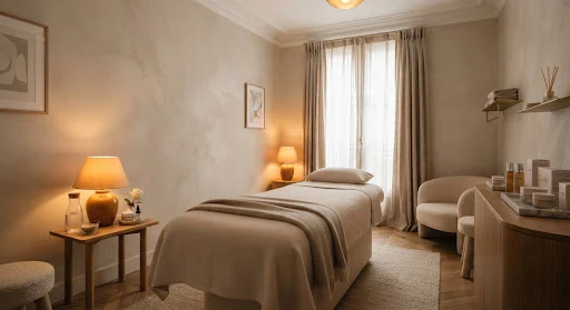 Interior of a luxury Parisian skincare atelier suite, soft beige limewash plaster wall, raw linen draped curtains, heated minimalist treatment bed with warm cashmere blanket, amber soft lamp light