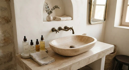 Sculptural travertine stone sink basin with artisanal bronze apothecary taps, frosted glass bottles containing botanical serums, minimalist French interior styling with soft warm shadows