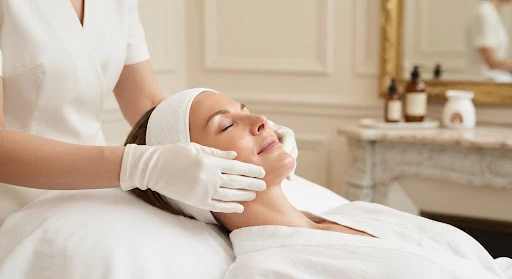 Editorial close up of hands in organic white silk gloves applying intra-oral buccal sculptural facial massage along the jawline of an elegant woman with glowing healthy skin in a Parisian treatment room