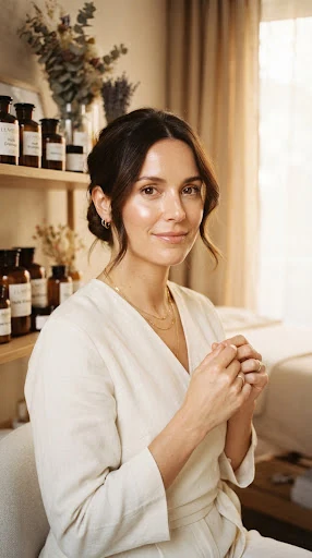 Editorial close portrait of a serene French female lymphatic drainage practitioner with warm brunette hair tied in a chic loose low bun, glowing porcelain skin, gentle attentive gaze, soft warm linen studio setting with botanical apothecary glass jars in soft focus, warm natural golden hour lighting, French luxury magazine aesthetic.