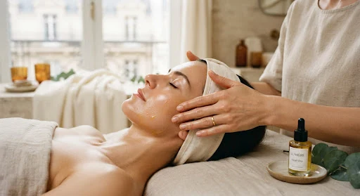 Close-up aesthetic shot of an esthetician's delicate hands applying organic golden face oil to a woman's calm face, bathed in gentle warm morning light in a Parisian minimalist atelier, soft tones of ivory, amber, and beige with natural stone textures