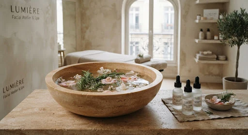 Warm travertine basin with freshly infused wild rosemary and camellia petals next to frosted glass ampoules in a minimalist Saint-Germain Paris wellness salon, natural soft window daylight