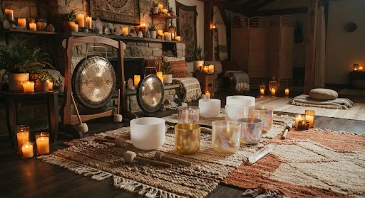 Alchemy crystal singing bowls and artisanal bronze gongs placed on handmade organic wool rugs in a dimly lit, atmospheric sanctuary room with warm amber candlelight.
