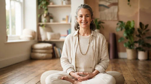 Portrait of an experienced mindfulness teacher with gentle smile, dressed in cream organic cotton, soft natural shadows.