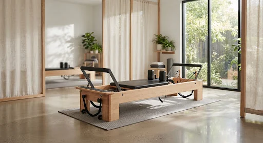 High-end custom maple wood and matte black Reformer apparatus situated in a serene light-filled studio with polished concrete floors and linen room dividers, delicate plant reflections.