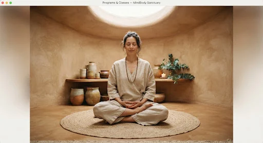 A meditation teacher seated in lotus posture wearing raw undyed linen robes inside an organic clay circular room with filtered natural diffused zenith sunlight and ceramic water vessels.