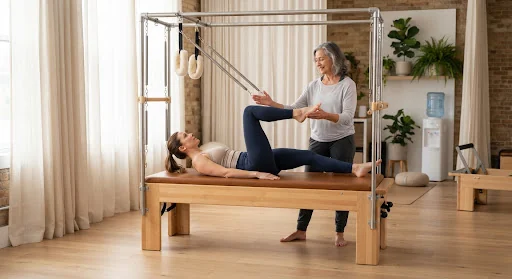 A private physical therapy session in an upscale serene sanctuary studio with a senior movement therapist guiding an individual on a classical wooden Trapeze Cadillac table with soft linen drapery in the background.