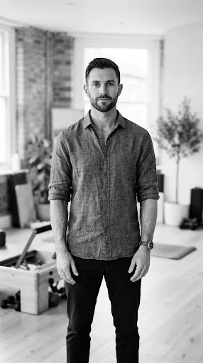 Editorial black and white portrait of a male athletic pilates instructor wearing a charcoal linen shirt, thoughtful grounded gaze.
