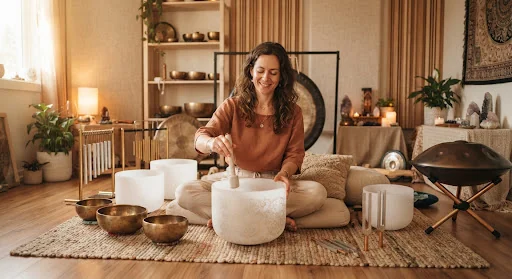 Warm portrait of a sound alchemist and meditation practitioner surrounded by subtle acoustic studio textures.