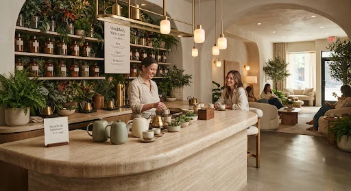 Luxurious botanical herbal tea lounge inside a modern wellness studio featuring curved travertine stone counters, matte ceramic teapots, brass fixtures, and soft warm lighting.