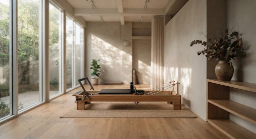 Serene minimalist architectural studio interior featuring warm oak timber floors, smooth micro-cement walls, an aligned reformer pilates carriage with linen straps, soft dappled natural morning sunlight, and an earthy ceramic vase with dry botanical branches.