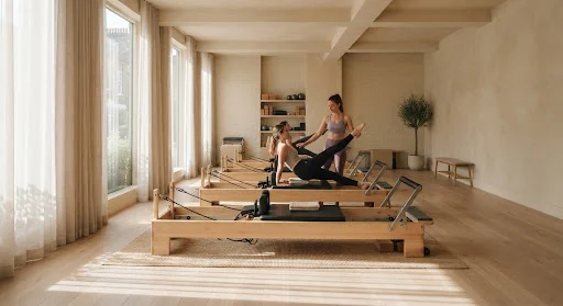 High-end minimalist pilates reformer studio with warm neutral lime-washed walls, natural white oak wood flooring, soft linen sheer curtains, and sunlight casting peaceful architectural shadows on custom maple reformers in London sanctuary