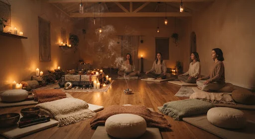 Dimly candlelit tranquil meditation studio featuring Tibetan brass singing bowls, handwoven wool blankets, bolsters, and subtle atmospheric incense smoke swirling in soft warm amber light.