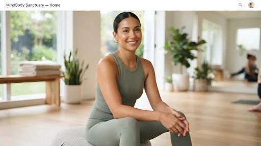 Editorial portrait of a female yoga mentor with hair tied in a sleek bun, warm olive skin tone, smiling gently in soft natural lighting.