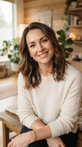 Close up warm portrait of a calm female member in her late thirties with minimalist gold earrings and a relaxed confident expression.