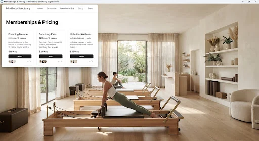 High-end tranquil Pilates and yoga studio interior with minimalist lime-washed plaster walls, warm morning sunlight cascading onto beechwood reformer machines, natural linen curtains, and ceramic vessels filled with dried botanical branches in soft organic tones.
